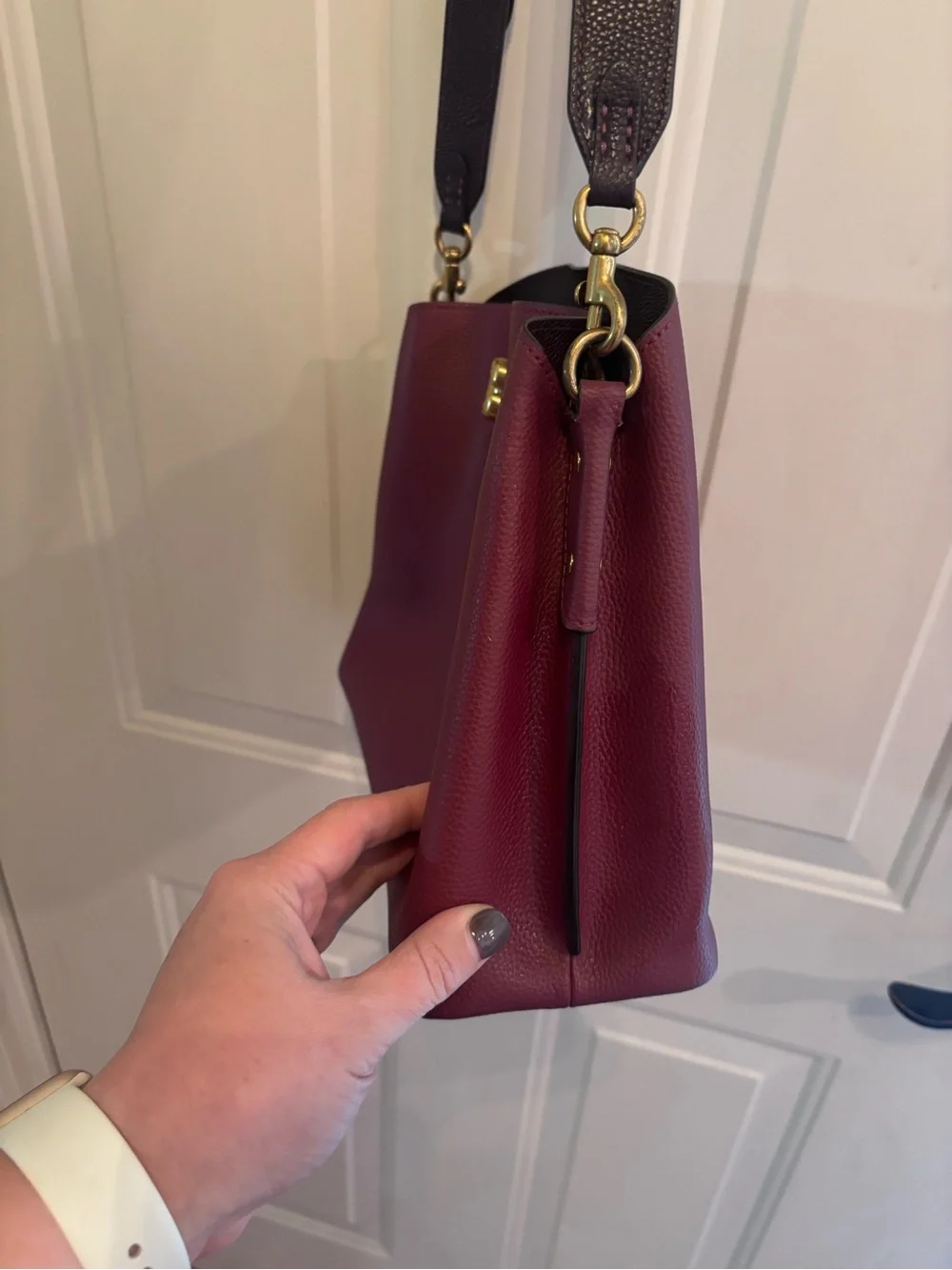 Coach Pebble Leather Willow Crossbody Bag in Burgundy - with Brown Leather Strap